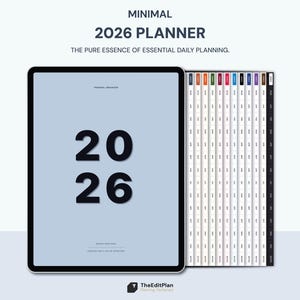 May include: A digital 2026 planner displayed on a tablet screen with a light blue cover featuring the text 20 26. Beside the tablet, a vertical index bar shows twelve colored tabs labeled with months, each containing the year 2026 in small black text.