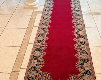 Vintage Antique Persian Runner Rug – Rich Red Floral Border | Handwoven Wool Hallway Rug 13.9 x 3.0