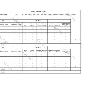 Può includere: Un modulo in bianco e nero con il titolo "Billing Record Audit". Il modulo ha colonne per la data, il record di fatturazione auditato, il nome del cliente, l'indirizzo, la data di nascita, la diagnosi pertinente, le informazioni su carta e cliente per l'elaborazione delle fatture, le copie delle fatture inviate al cliente e alle fonti di pagamento, e le copie delle ricevute di pagamento effettuate dal cliente.