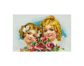 Victorian Girls Red Roses Reproduction Fabric Crazy Quilt Block Free Shipping World Wide