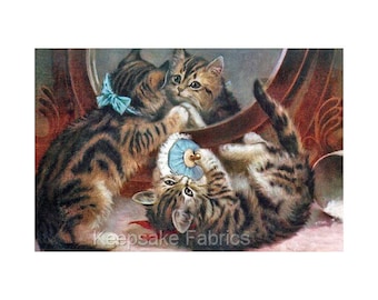 Vintage Kittens playing with Goldfish Quilting Fabric Block
