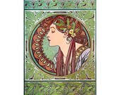 Mucha Beautiful Lady Laurel Fabric Crazy Quilt Block Free Shipping World Wide
