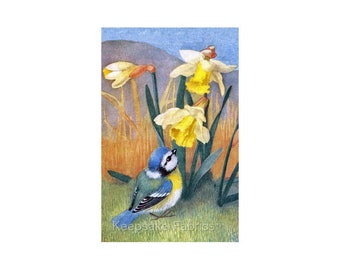 Blue Bird Daffodil Vintage Reproduction Fabric Quilt Block Free Shipping