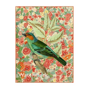 Tanager Bird Florals Collage Crazy Quilt Fabric Block Free Shipping (B22