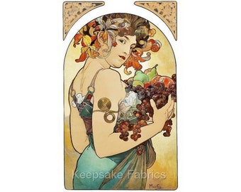 May include: A woman with a crown of flowers and leaves holds a basket of fruit. The fruit includes grapes, pears, and apples. The woman is wearing a green dress and gold jewellery. The image is in the Art Nouveau style.
