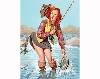 Pin Up Elvgren Fishing Beauty Reproduction Fabric Crazy Quilt Block Free Shipping