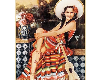 Mexico Latina Senorita Vintage Art Repro Quilt Block Free Shipping (M2