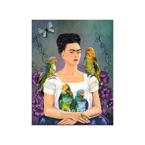 Frida Kahlo Parrots Collage Art Fabric Quilt Block Free Shipping (K23
