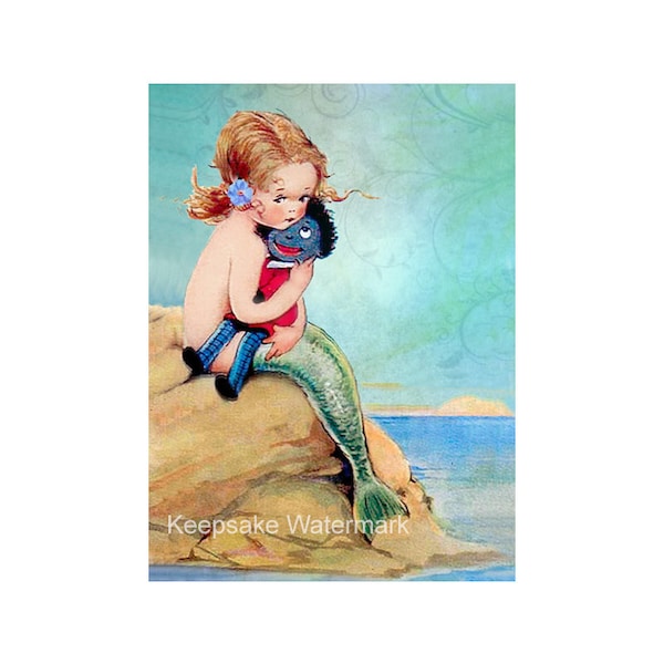 Mermaid Hugs Doll Reproduction Fabric Crazy Quilt Block Free Shipping