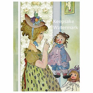 May include: A young girl in a green and white polka dot dress and a hat with fruit on it points at a rag doll with a red face and a blue dress. A second doll with a blue dress and a blue hat sits on the floor.