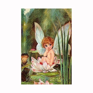 May include: A fairy with delicate wings sits on a pink water lily surrounded by green reeds and three frogs. The fairy has a sweet expression and is wearing a white dress. The image is a vintage illustration with a whimsical feel.