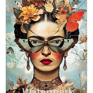 May include: A digital art print featuring a woman with butterfly-shaped glasses, a floral headdress, and a lace collar. The artwork has a vintage aesthetic with a blue and beige background and the word "Watermark" at the bottom.