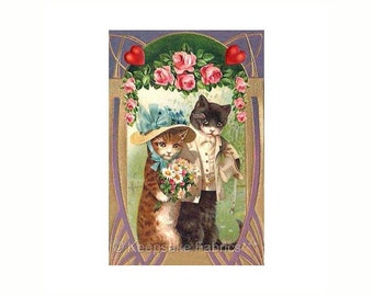 Cats Wedding Roses Reproduction Fabric Crazy Quilt Block Free Shipping