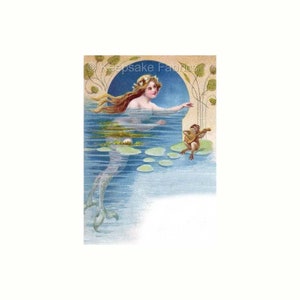 May include: A vintage illustration of a mermaid with long flowing hair and a flower crown, swimming in a blue pond with lily pads. A frog with a guitar sits on a lily pad, playing music for the mermaid.