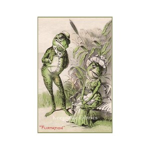 May include: A vintage illustration of two frogs dressed in clothing. The male frog is wearing a suit and holding a cane. The female frog is wearing a dress and a hat. The text "FLIRTATION" is printed below the image.