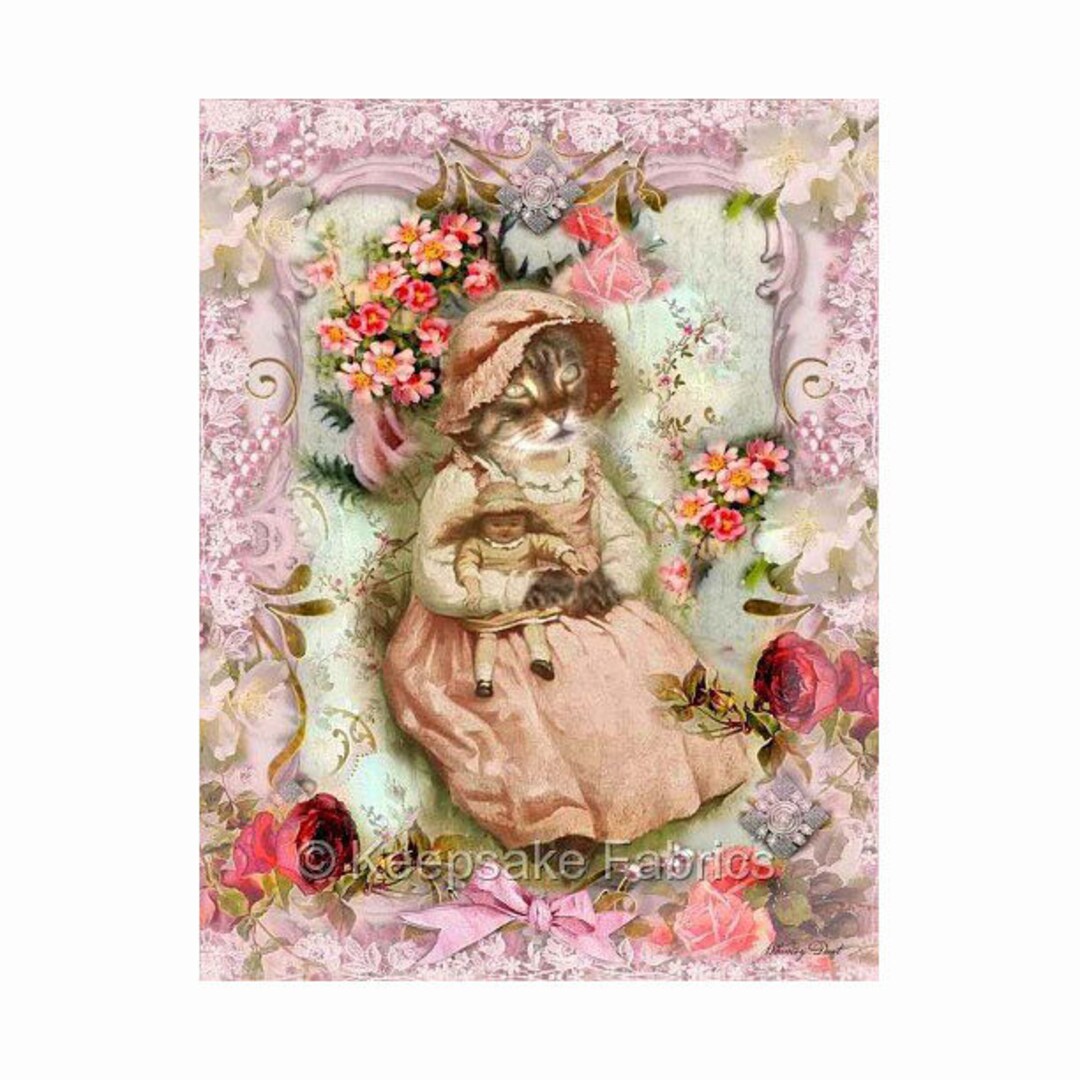 Whimsy Dust Victorian Cat & Doll Reproduction Fabric Crazy Quilt Block