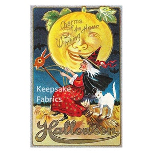 May include: A vintage Halloween postcard featuring a witch riding a broomstick with a cat and a rabbit. The witch is flying past a smiling moon with the text "Charms of the Witching Hour". The text "Halloween" is written in gold at the bottom of the postcard.