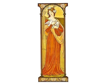 May include: A woman in a long orange dress with a white dove in her arms stands in a golden frame with floral accents. The woman is wearing a crown of white flowers and has her eyes closed.