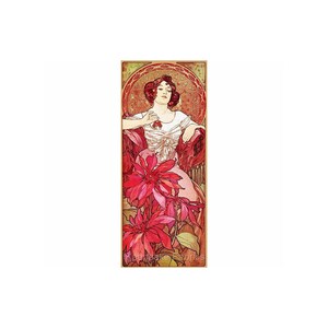 May include: A vintage art nouveau poster featuring a woman in a white dress and red shawl, sitting in a chair with a red flower in her hand. The background is a gold and green floral design. The poster is titled "Les Fleurs."