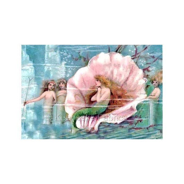 Fantasy Mermaids Encounter Seashell Reproduction Fabric Crazy Quilt Block Free Shipping