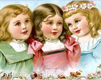 3 Sweet Victorian Girls Pastels Reproduction Fabric Crazy Quilt Block Free Shipping