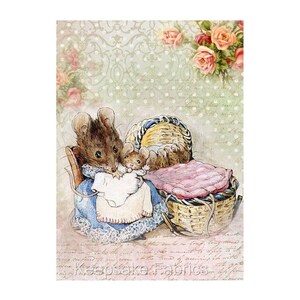May include: A mother mouse in a blue dress is rocking a wicker bassinet with a baby mouse inside. The bassinet has a pink blanket and a yellow and blue lining. The background is a vintage floral pattern.