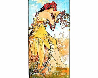 May include: A vintage illustration of a woman with red hair and a floral crown, wearing a yellow dress and sitting in a field of flowers.