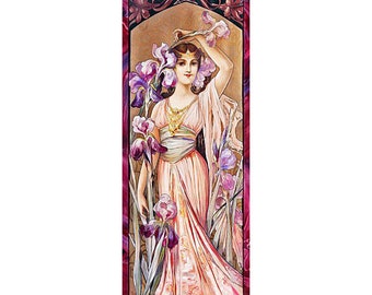 May include: A woman in a pink dress stands in a field of purple irises. She is wearing a gold necklace and a crown of flowers. The background is a soft brown color.