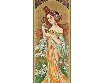 May include: A woman with long red hair and a jeweled crown stands in a field of white daisies. She wears a flowing green and gold gown and holds a single daisy in her hand. The background is a golden, ornate frame.