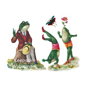 May include: Three frogs, one sitting on a tree stump, one standing on one hand and holding a flower, and one standing on one hand and holding a butterfly.