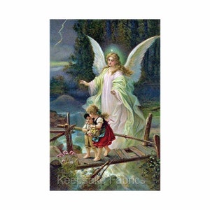 Angel Protects Children On Bridge Reproduction Fabric Crazy Quilt Block Free Shipping