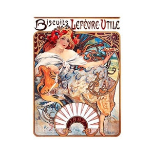 May include: A vintage advertisement for Lefèvre-Utile Biscuits featuring an Art Nouveau style illustration of a woman in a flowing dress holding a plate of biscuits. The image is set against a background of stylized flowers and foliage. The text "Biscuits Lefèvre-Utile" is prominently displayed at the top of the advertisement. The year "1892" is also visible in the image.