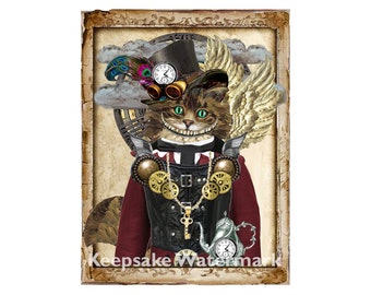 Cheshire Cat Steampunk Collage Art Repro Fabric Crazy Quilt Block Free Shipping