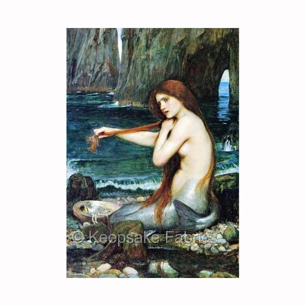 Waterhouse Mermaid At Water's Edge Reproduction Fabric Quilt Block Free Shipping