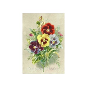 May include: A vintage illustration of a bouquet of colorful pansies. The pansies are red, yellow, purple, and blue. The illustration is on a light beige background with the text "Keepsake Fabrics" at the bottom.