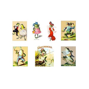 May include: A collection of six vintage illustrations featuring frogs in various poses and outfits. The frogs are depicted in a whimsical and humorous style, with some wearing hats, smoking pipes, and holding fishing rods. The illustrations are printed on a white background.