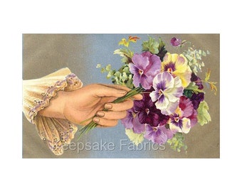 Victorian Lace Hand Pansies Flowers Reproduction Fabric Crazy Quilt Block Free Shipping (V9