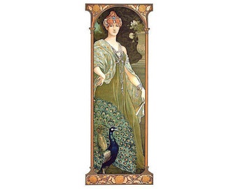 May include: A woman in a green dress and a peacock feather headdress stands next to a peacock with its tail feathers spread. The woman is holding a fan in her right hand. The background is a green and gold floral design.