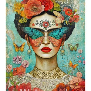 May include: A vibrant portrait of a woman adorned with a floral crown and butterfly-shaped glasses. The artwork features a turquoise background, red lips, and butterfly accents. The image has a vintage, artistic style.