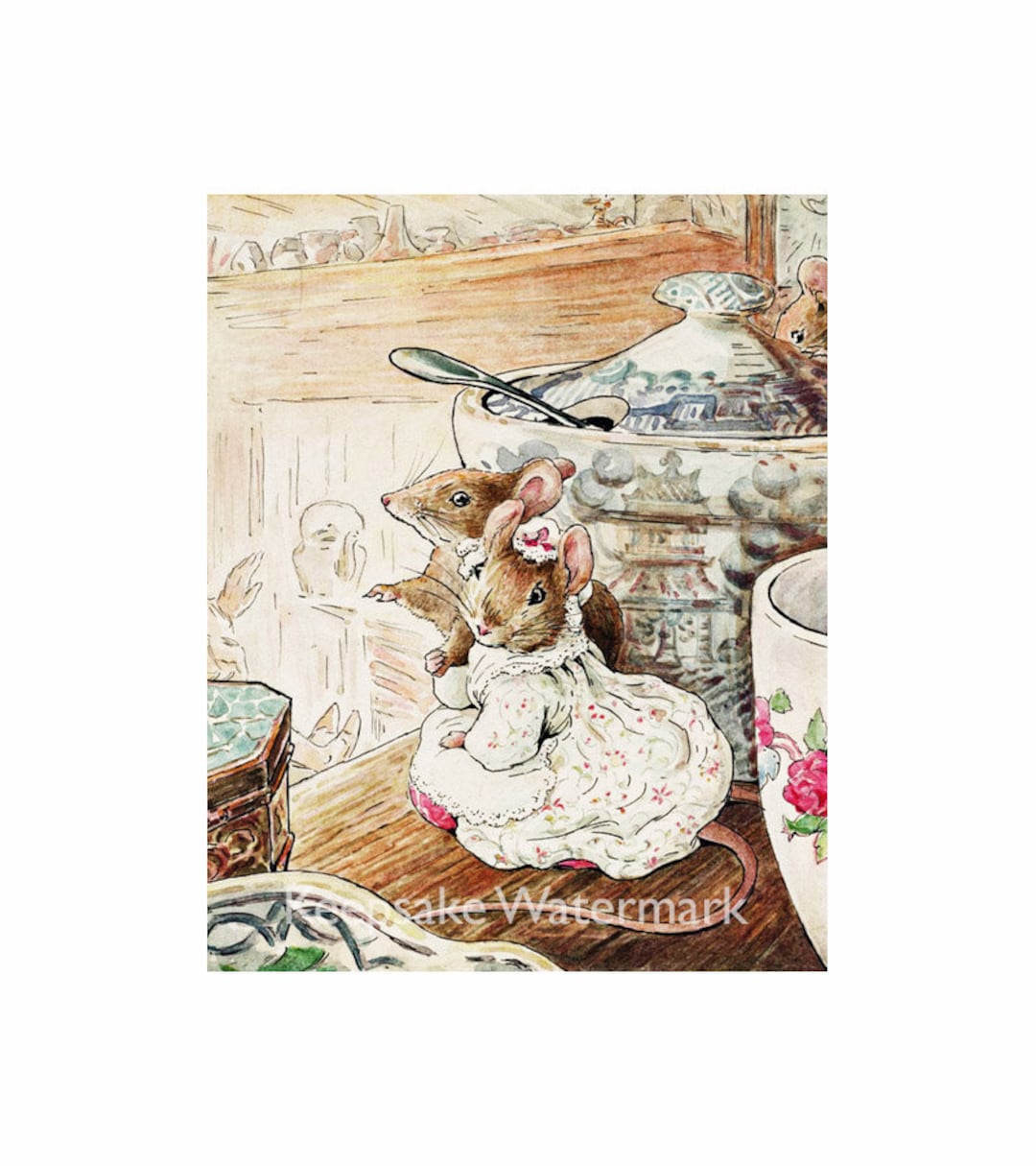 Beatrix Potter Mice Eavesdropping Reproduction Fabric Crazy Quilt Block ...