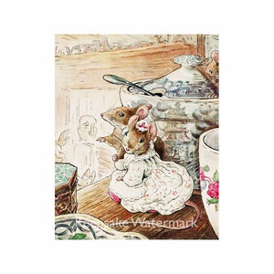 May include: Two brown mice wearing dresses are sitting on a table with a blue and white teacup and a blue and white teapot. The mice are looking at something off to the side of the image.