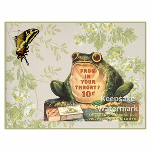 May include: Vintage advertisement featuring a green frog with large eyes sitting on a box of cough drops. The text reads "Frog in your throat? 10¢" and "The greatest cough and voice lozenge on earth."