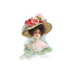 May include: A vintage illustration of a woman wearing a large, wide-brimmed straw hat adorned with pink and red roses. She is wearing a white dress with a green sash and has a soft, feminine expression.
