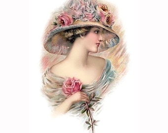 Victorian Lady Pastel Roses Hat Reproduction Fabric Crazy Quilt Block Quilting Sewing Crafting