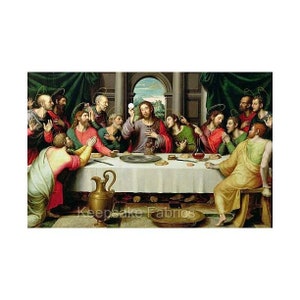 May include: A painting depicting the Last Supper, a scene from the Christian Bible. Jesus Christ is seated at a table with his 12 disciples. The painting is set in a room with a window in the background. The painting is in a realistic style and features rich colors.