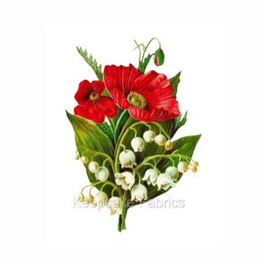 Red Poppies Floral Spray Reproduction Fabric Crazy Quilt Block Free Shipping (P4