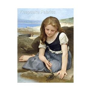 Bouguereau Girl & The Crab Reproduction Fabric Crazy Quilt Block Quilting Sewing Crafting