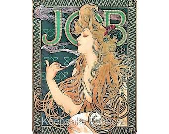 May include: A vintage art nouveau poster featuring a woman with long flowing hair, holding a cigarette. The poster is framed in a green and gold geometric pattern and the word "JOB" is written in large letters across the top.