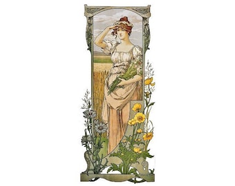 May include: A vintage art nouveau illustration of a woman in a white dress standing in a field of wheat, holding a bouquet of flowers. The woman is looking off into the distance, and the flowers are a mix of yellow and white.