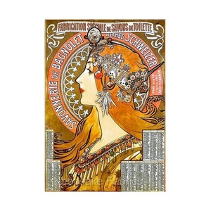 May include: A vintage poster advertising a soap company called "Savonnerie de Bagnolet" featuring a woman with long red hair wearing a gold and silver headdress. The poster is in the Art Nouveau style and features a decorative border with the company's name and address.